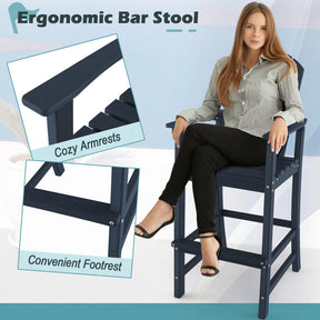 30" Tall Adirondack Bar Chairs, All-Weather HDPE Outdoor Bar Height Stools with Backrest, Armrests & Footrest for Backyard, Poolside