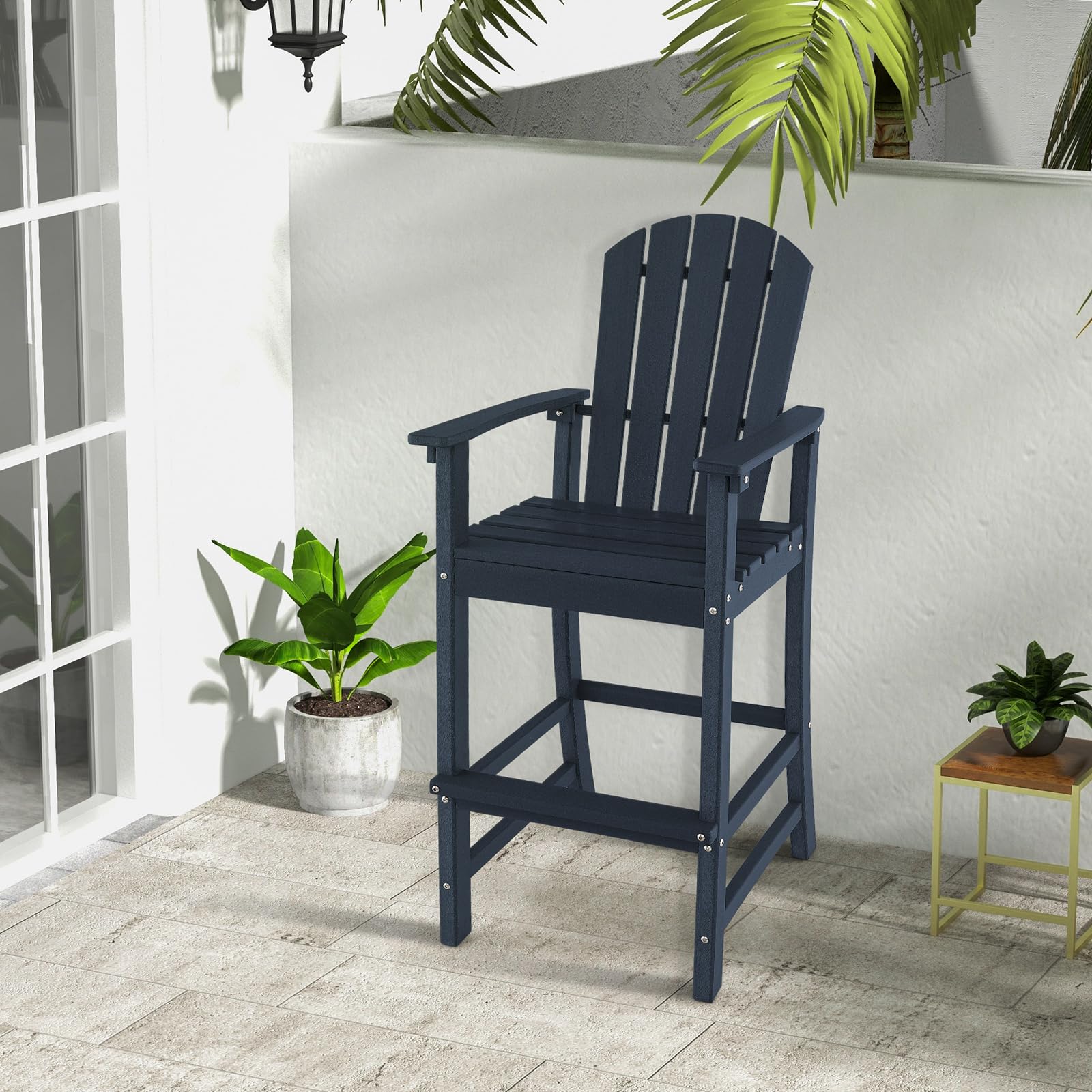30" Tall Adirondack Bar Chairs, All-Weather HDPE Outdoor Bar Height Stools with Backrest, Armrests & Footrest for Backyard, Poolside