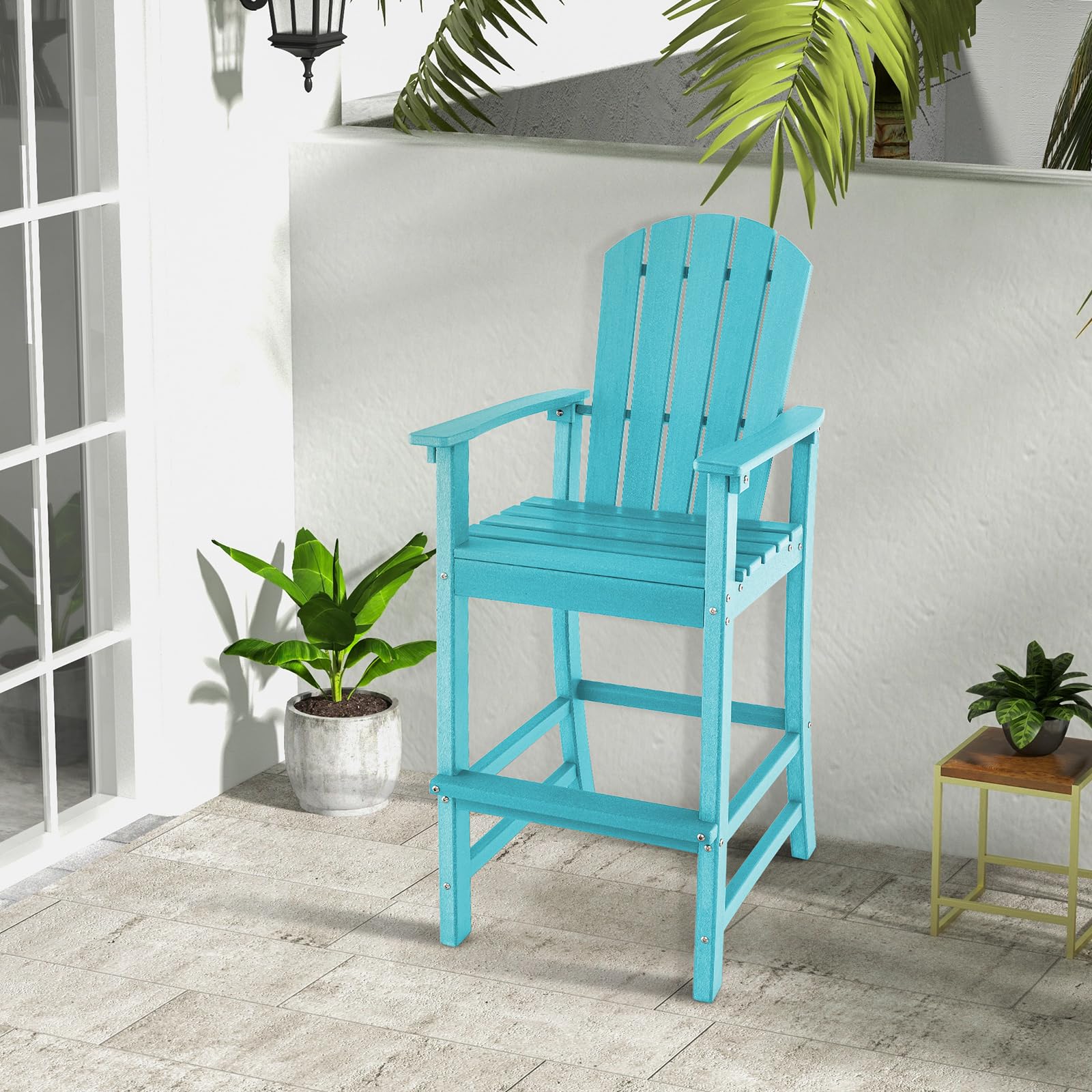 30" Tall Adirondack Bar Chairs, All-Weather HDPE Outdoor Bar Height Stools with Backrest, Armrests & Footrest for Backyard, Poolside