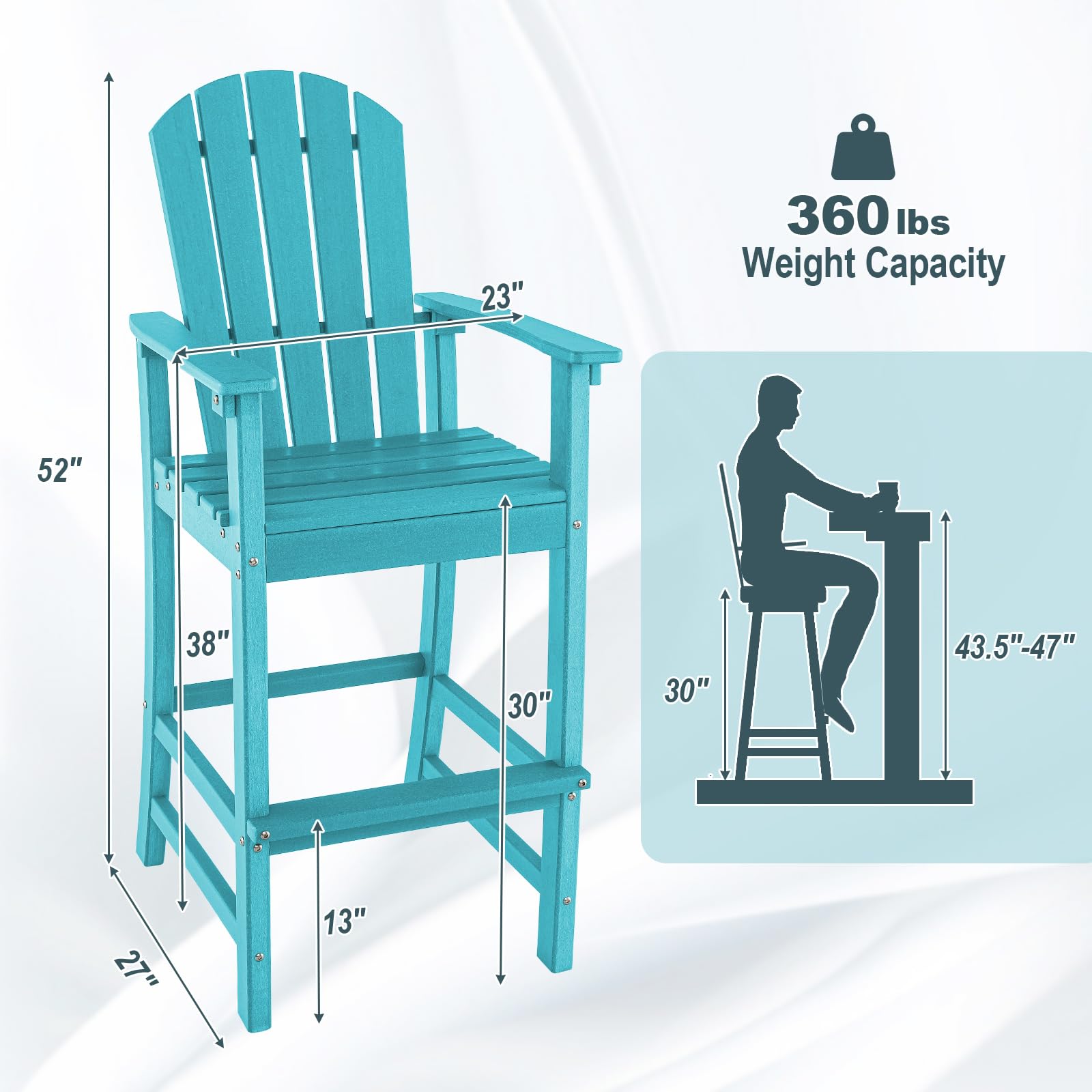 30" Tall Adirondack Bar Chairs, All-Weather HDPE Outdoor Bar Height Stools with Backrest, Armrests & Footrest for Backyard, Poolside