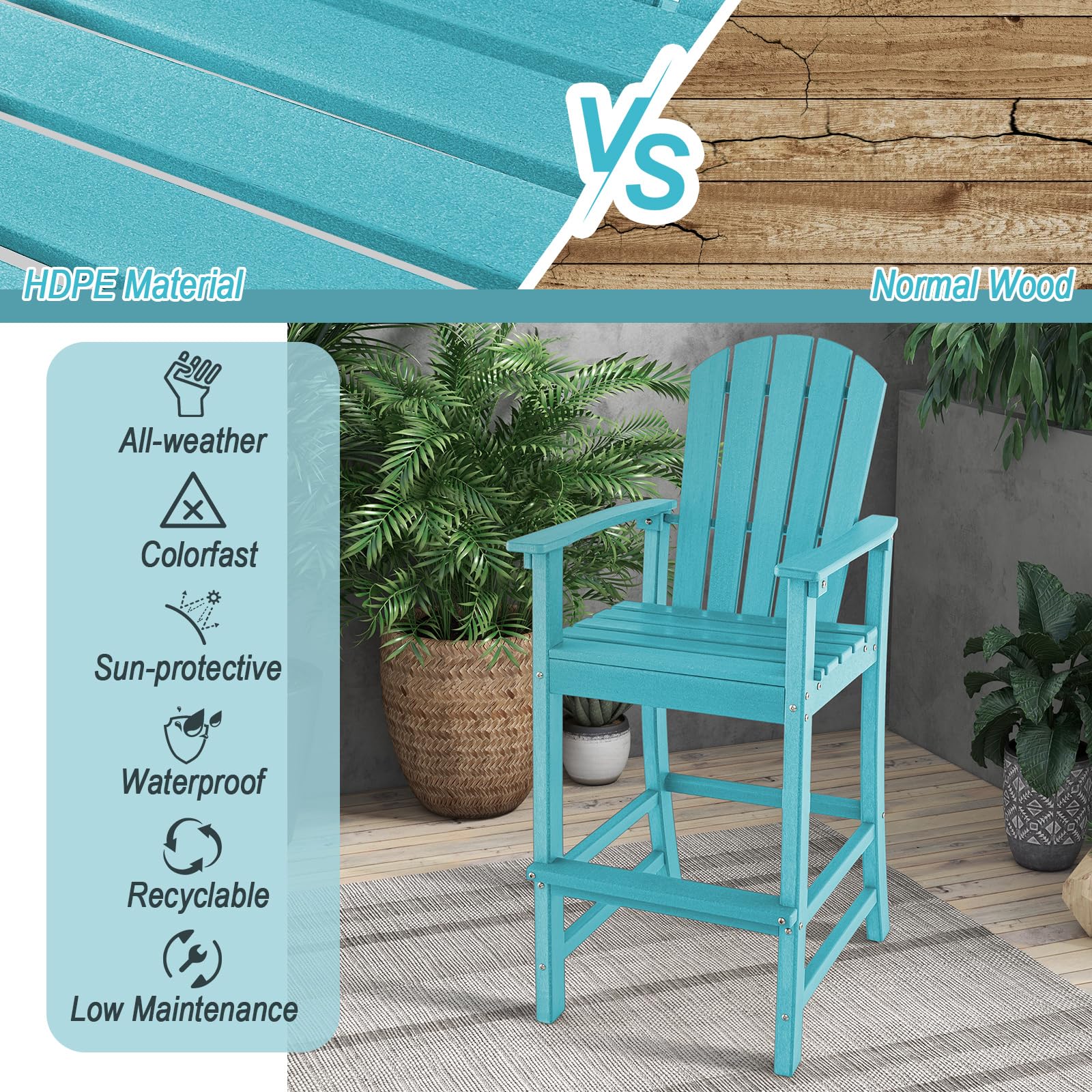 30" Tall Adirondack Bar Chairs, All-Weather HDPE Outdoor Bar Height Stools with Backrest, Armrests & Footrest for Backyard, Poolside