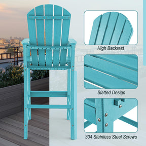 30" Tall Adirondack Bar Chairs, All-Weather HDPE Outdoor Bar Height Stools with Backrest, Armrests & Footrest for Backyard, Poolside