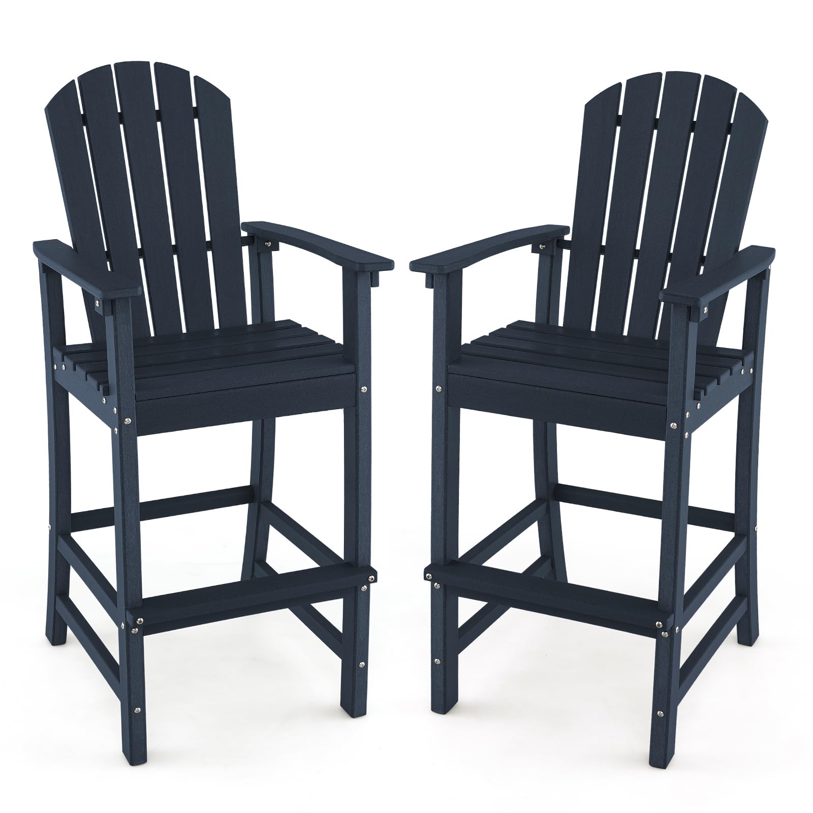 30" Tall Adirondack Bar Chairs, All-Weather HDPE Outdoor Bar Height Stools with Backrest, Armrests & Footrest for Backyard, Poolside