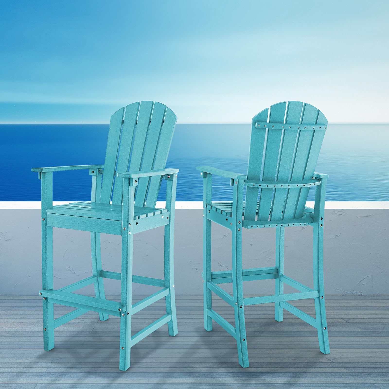 30" Tall Adirondack Bar Chairs, All-Weather HDPE Outdoor Bar Height Stools with Backrest, Armrests & Footrest for Backyard, Poolside