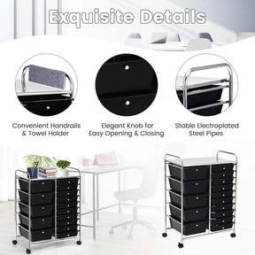 15-Drawer Storage Drawer Cart Tools Scrapbook Paper Organizer Cart Office School Utility Cart Rolling Storage Cart with Wheels