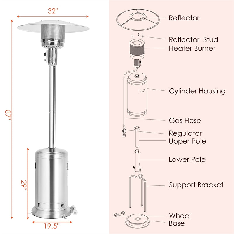 50,000 BTU Propane Patio Heater, Standing Stainless Steel Outdoor Heater with Wheels, Triple Protection, CSA Certified for Deck & Commercial