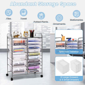 15-Drawer Storage Drawer Cart Tools Scrapbook Paper Organizer Cart Office School Utility Cart Rolling Storage Cart with Wheels