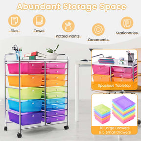 15-Drawer Storage Drawer Cart Tools Scrapbook Paper Organizer Cart Office School Utility Cart Rolling Storage Cart with Wheels