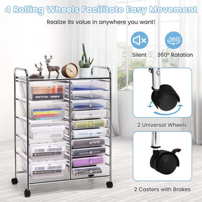 15-Drawer Storage Drawer Cart Tools Scrapbook Paper Organizer Cart Office School Utility Cart Rolling Storage Cart with Wheels