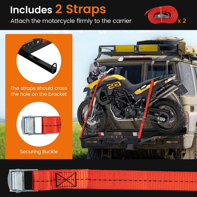 600LBS Motorcycle Hitch Carrier with Loading Ramp & 2 Straps, Heavy Duty Steel Mount Hauler Rack for SUV RV, Dirt Bike Trailer Fits up to 7.5" Wide Tire