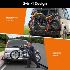 600LBS Motorcycle Hitch Carrier with Loading Ramp & 2 Straps, Heavy Duty Steel Mount Hauler Rack for SUV RV, Dirt Bike Trailer Fits up to 7.5" Wide Tire