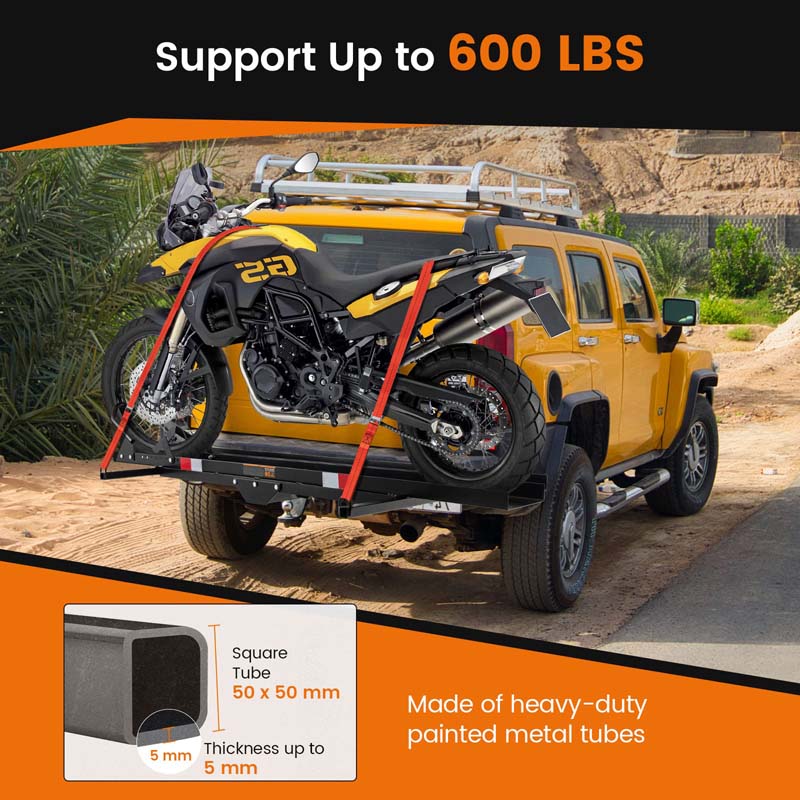 600LBS Motorcycle Hitch Carrier with Loading Ramp & 2 Straps, Heavy Duty Steel Mount Hauler Rack for SUV RV, Dirt Bike Trailer Fits up to 7.5" Wide Tire