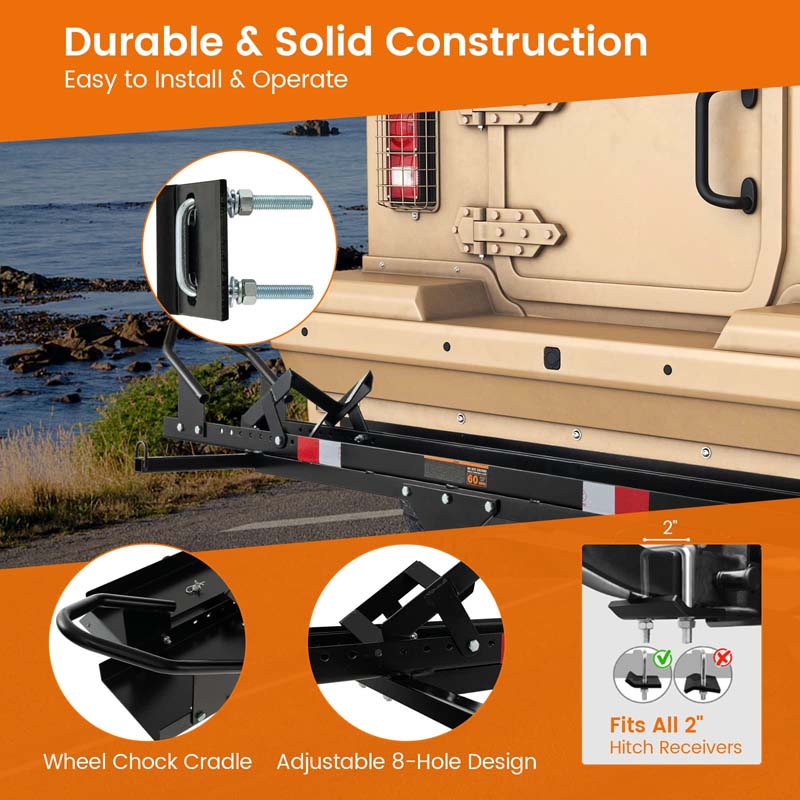 600LBS Motorcycle Hitch Carrier with Loading Ramp & 2 Straps, Heavy Duty Steel Mount Hauler Rack for SUV RV, Dirt Bike Trailer Fits up to 7.5" Wide Tire