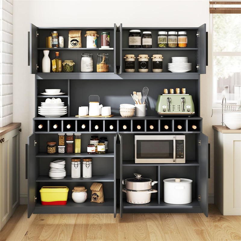70" Farmhouse Pantry Cabinet, Kitchen Buffet Hutch with 12-Bottle Wine Rack, 8-Door Storage Cupboard, Large Countertop & Adjustable Shelves