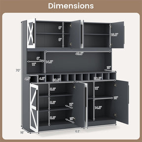 70" Farmhouse Pantry Cabinet, Kitchen Buffet Hutch with 12-Bottle Wine Rack, 8-Door Storage Cupboard, Large Countertop & Adjustable Shelves