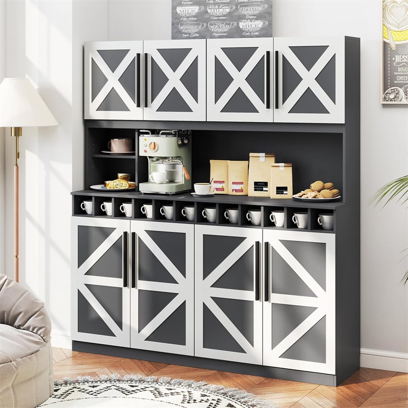 70" Farmhouse Pantry Cabinet, Kitchen Buffet Hutch with 12-Bottle Wine Rack, 8-Door Storage Cupboard, Large Countertop & Adjustable Shelves