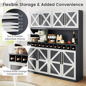 70" Farmhouse Pantry Cabinet, Kitchen Buffet Hutch with 12-Bottle Wine Rack, 8-Door Storage Cupboard, Large Countertop & Adjustable Shelves