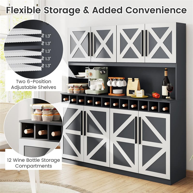 70" Farmhouse Pantry Cabinet, Kitchen Buffet Hutch with 12-Bottle Wine Rack, 8-Door Storage Cupboard, Large Countertop & Adjustable Shelves