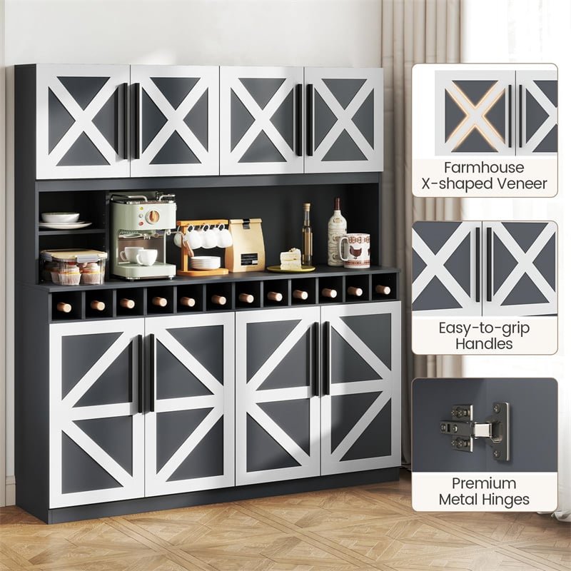70" Farmhouse Pantry Cabinet, Kitchen Buffet Hutch with 12-Bottle Wine Rack, 8-Door Storage Cupboard, Large Countertop & Adjustable Shelves