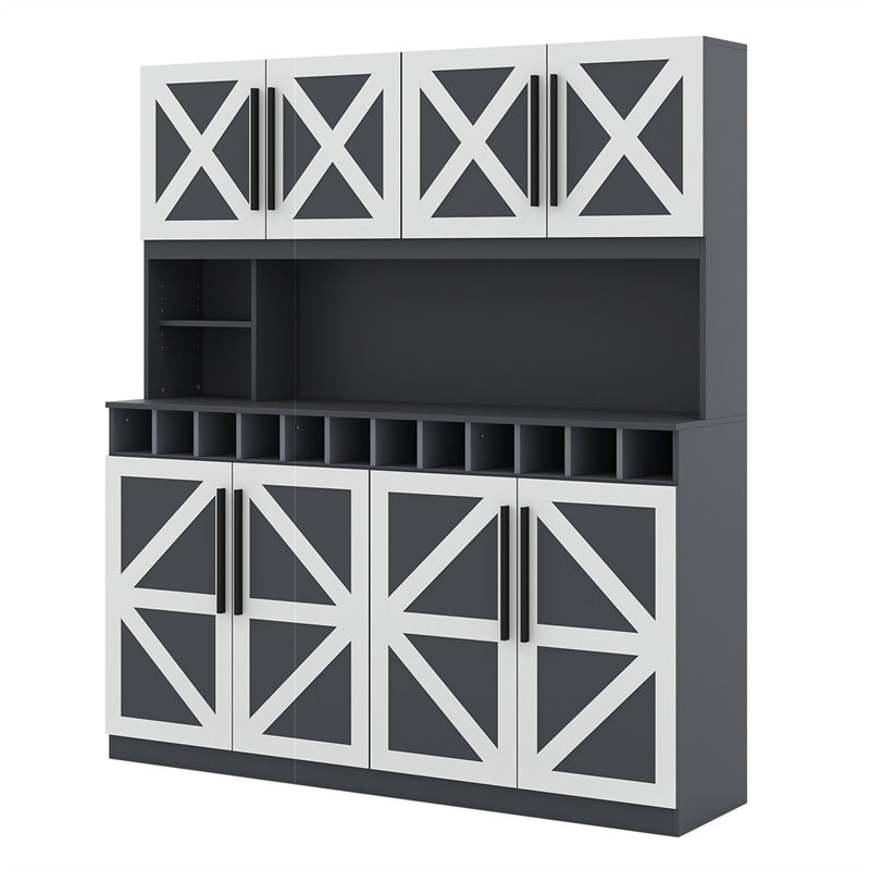 70" Farmhouse Pantry Cabinet, Kitchen Buffet Hutch with 12-Bottle Wine Rack, 8-Door Storage Cupboard, Large Countertop & Adjustable Shelves