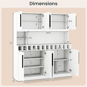 70" Farmhouse Pantry Cabinet, Kitchen Buffet Hutch with 12-Bottle Wine Rack, 8-Door Storage Cupboard, Large Countertop & Adjustable Shelves