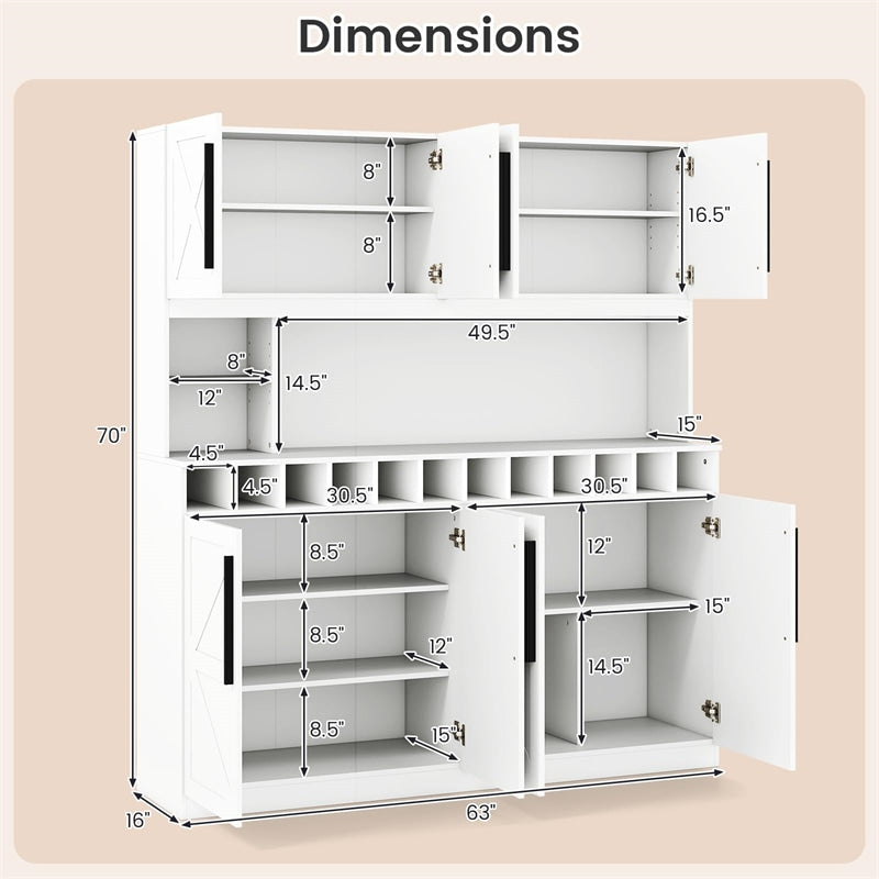 70" Farmhouse Pantry Cabinet, Kitchen Buffet Hutch with 12-Bottle Wine Rack, 8-Door Storage Cupboard, Large Countertop & Adjustable Shelves