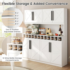 70" Farmhouse Pantry Cabinet, Kitchen Buffet Hutch with 12-Bottle Wine Rack, 8-Door Storage Cupboard, Large Countertop & Adjustable Shelves