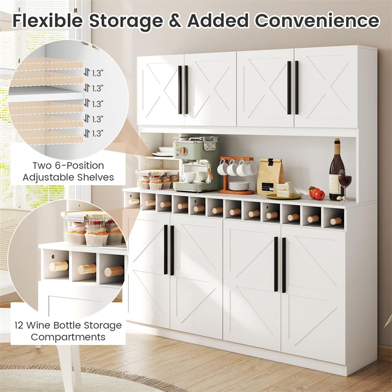 70" Farmhouse Pantry Cabinet, Kitchen Buffet Hutch with 12-Bottle Wine Rack, 8-Door Storage Cupboard, Large Countertop & Adjustable Shelves