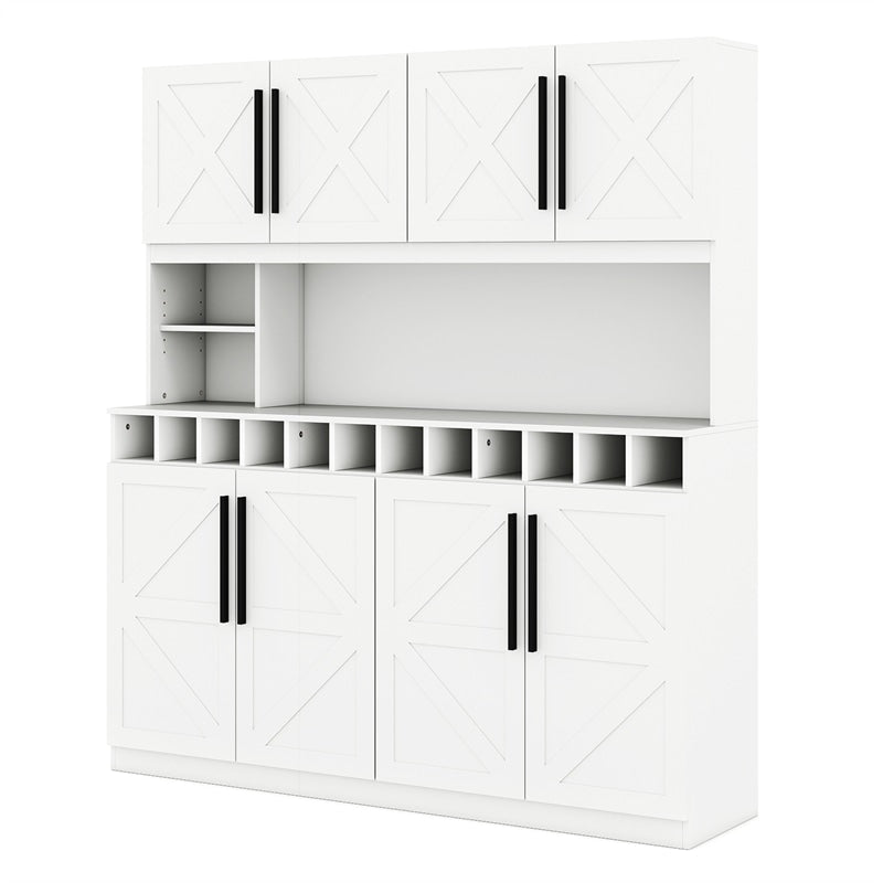 70" Farmhouse Pantry Cabinet, Kitchen Buffet Hutch with 12-Bottle Wine Rack, 8-Door Storage Cupboard, Large Countertop & Adjustable Shelves