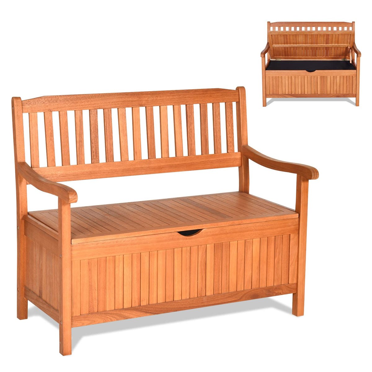 42" Outdoor Eucalyptus Wood Storage Bench Deck Box 33 Gallon with Waterproof Inner Lining, 2 Person Garden Loveseat for Porch, Yard & Balcony