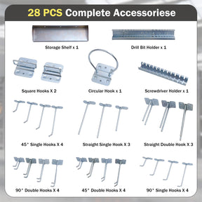 3 Pcs Metal Pegboard Panels w/25 Hooks, Storage Platform & Square Hole, Heavy Duty Pegboard Wall Organizer, Peg Board for Workshop Tool Storage