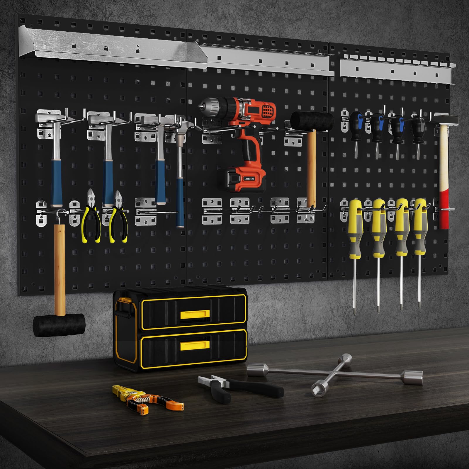 3 Pcs Metal Pegboard Panels w/25 Hooks, Storage Platform & Square Hole, Heavy Duty Pegboard Wall Organizer, Peg Board for Workshop Tool Storage