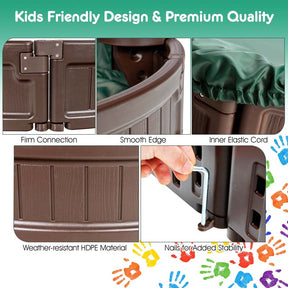 6FT Oval Outdoor Sandbox with Cover, Built-in Corner Seat & Bottom Liner, All Weather Kids Sand Play Station for Backyard Beach