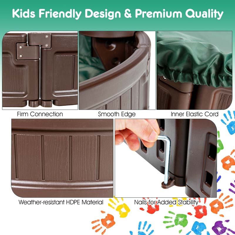 6FT Oval Outdoor Sandbox with Cover, Built-in Corner Seat & Bottom Liner, All Weather Kids Sand Play Station for Backyard Beach