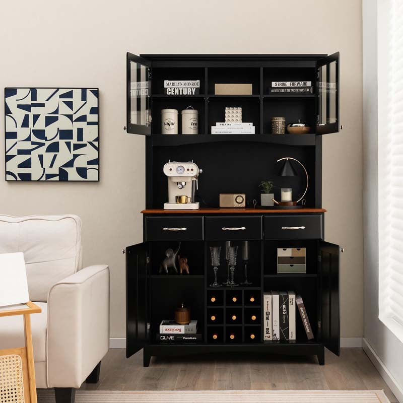 72.5" Kitchen Hutch Storage Cabinet, Pantry Buffet Sideboard with Wine Rack, Microwave Countertop, Drawers & Adjustable Shelves for Dining Room