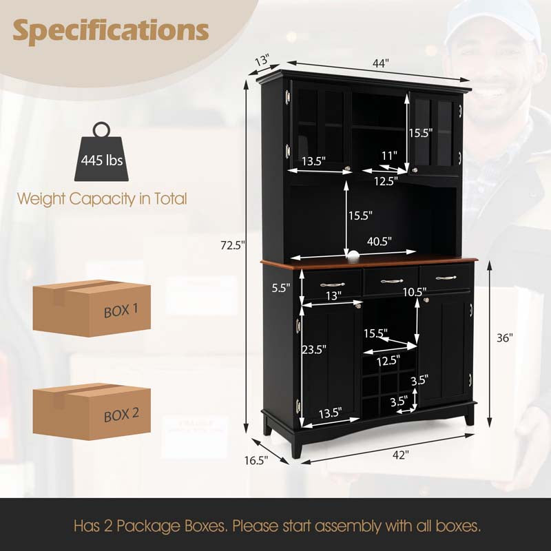 72.5" Kitchen Hutch Storage Cabinet, Pantry Buffet Sideboard with Wine Rack, Microwave Countertop, Drawers & Adjustable Shelves for Dining Room
