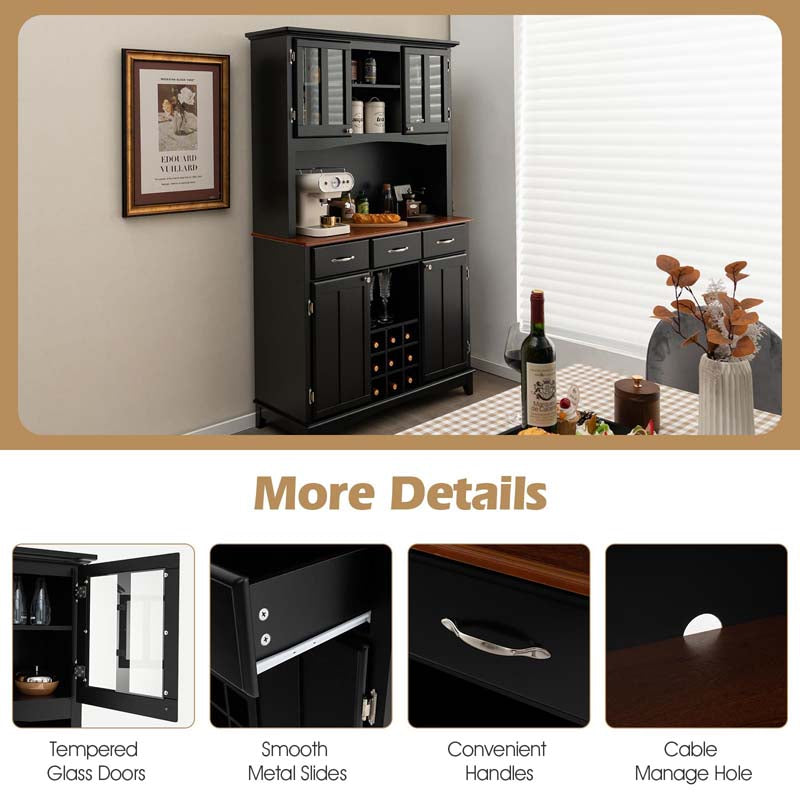 72.5" Kitchen Hutch Storage Cabinet, Pantry Buffet Sideboard with Wine Rack, Microwave Countertop, Drawers & Adjustable Shelves for Dining Room
