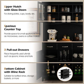 72.5" Kitchen Hutch Storage Cabinet, Pantry Buffet Sideboard with Wine Rack, Microwave Countertop, Drawers & Adjustable Shelves for Dining Room