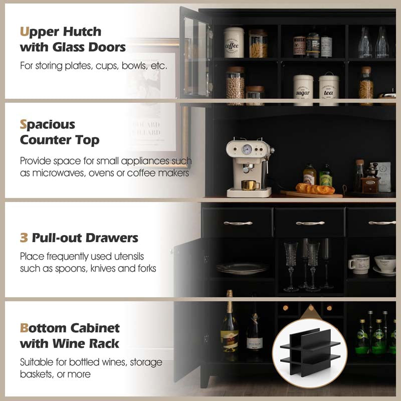 72.5" Kitchen Hutch Storage Cabinet, Pantry Buffet Sideboard with Wine Rack, Microwave Countertop, Drawers & Adjustable Shelves for Dining Room
