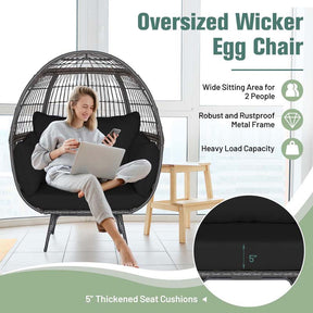 Oversized Wicker Egg Chair with 4 Cushions, Steel Frame Basket Chair Rattan Indoor Outdoor Lounger for Patio, Living Room