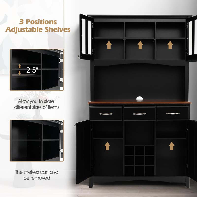 72.5" Kitchen Hutch Storage Cabinet, Pantry Buffet Sideboard with Wine Rack, Microwave Countertop, Drawers & Adjustable Shelves for Dining Room