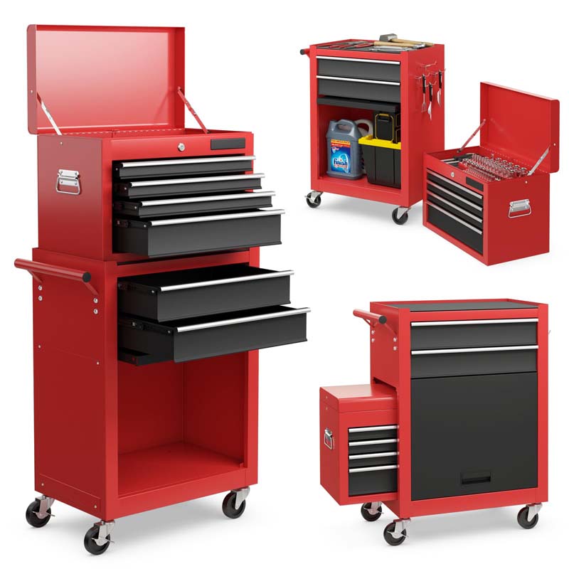 6-Drawer Rolling Tool Chest Cabinet, 2-in-1 Detachable Tool Box Organizer with Auto Locking System & Lockable Wheels for Garage Workshop