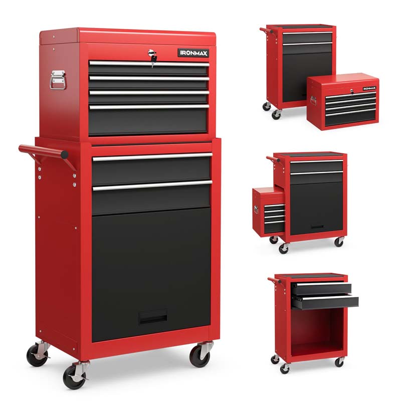 6-Drawer Rolling Tool Chest Cabinet, 2-in-1 Detachable Tool Box Organizer with Auto Locking System & Lockable Wheels for Garage Workshop