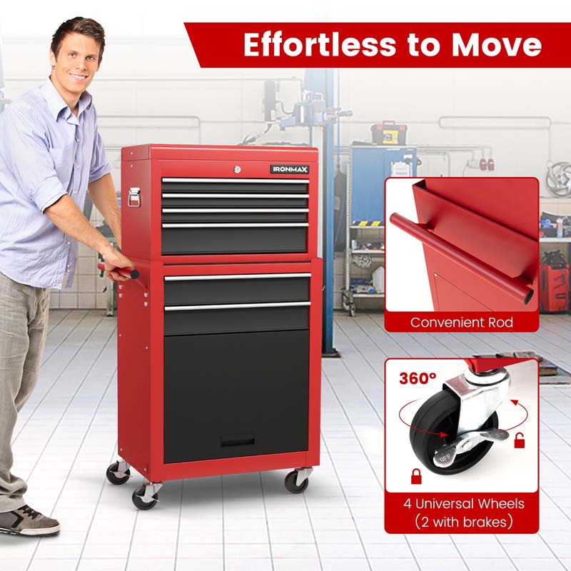 6-Drawer Rolling Tool Chest Cabinet, 2-in-1 Detachable Tool Box Organizer with Auto Locking System & Lockable Wheels for Garage Workshop