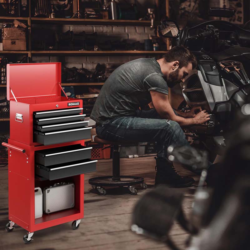 6-Drawer Rolling Tool Chest Cabinet, 2-in-1 Detachable Tool Box Organizer with Auto Locking System & Lockable Wheels for Garage Workshop