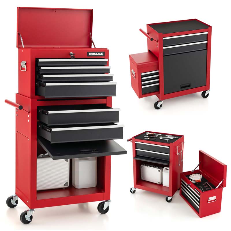 6-Drawer Rolling Tool Chest Cabinet, 2-in-1 Detachable Tool Box Organizer with Auto Locking System & Lockable Wheels for Garage Workshop