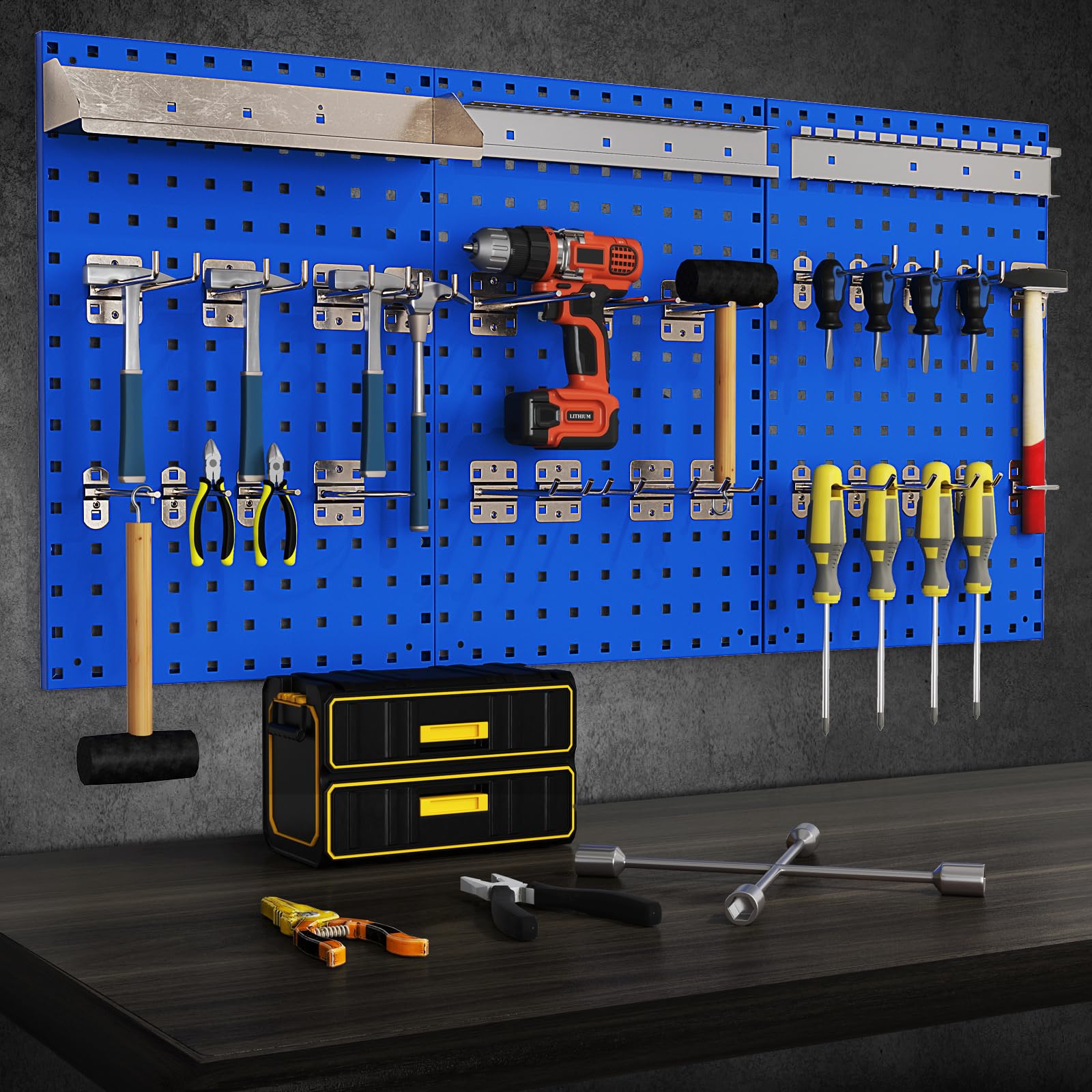3 Pcs Metal Pegboard Panels w/25 Hooks, Storage Platform & Square Hole, Heavy Duty Pegboard Wall Organizer, Peg Board for Workshop Tool Storage