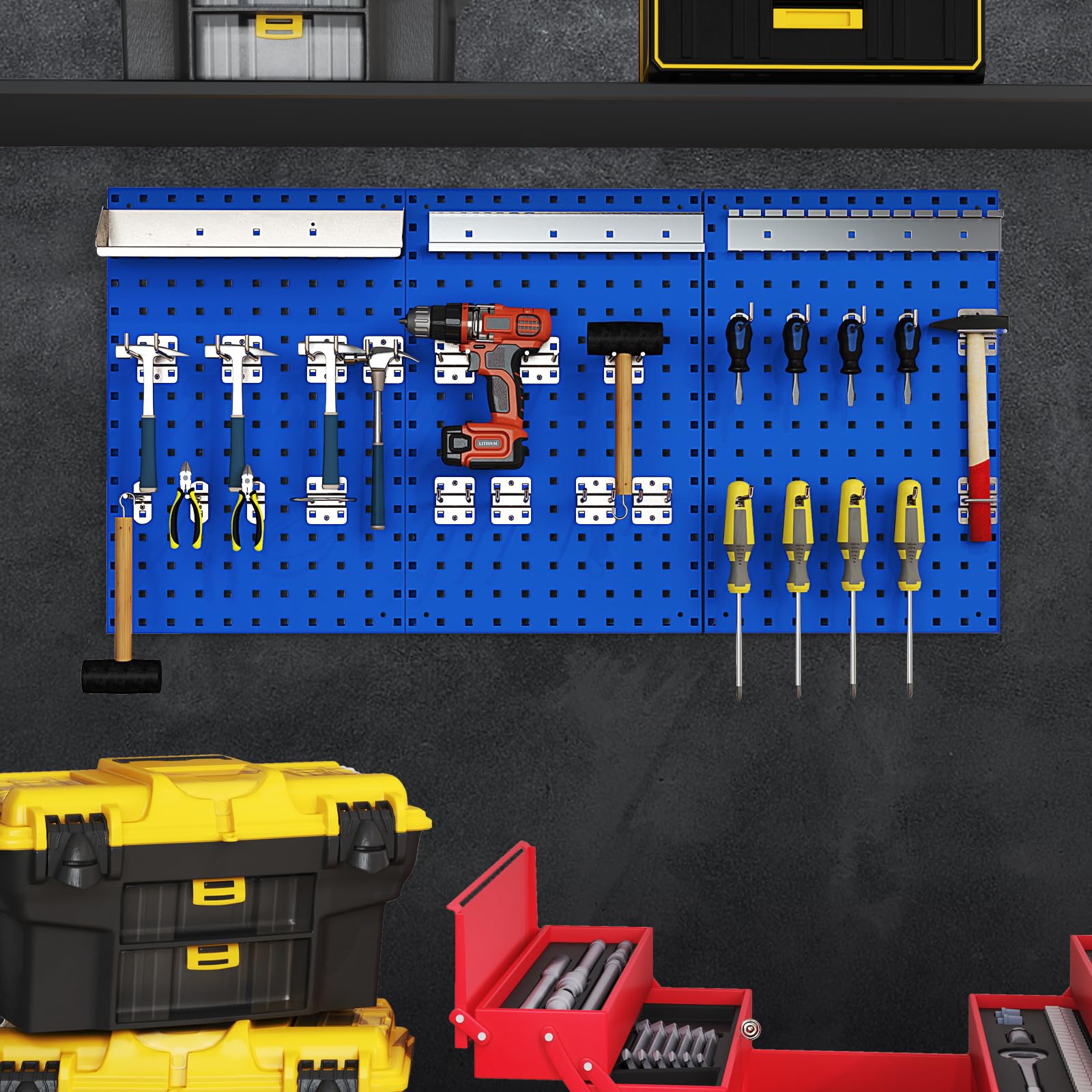 3 Pcs Metal Pegboard Panels w/25 Hooks, Storage Platform & Square Hole, Heavy Duty Pegboard Wall Organizer, Peg Board for Workshop Tool Storage