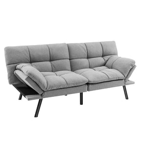 Modern Futon Sofa Bed, Linen Fabric Memory Foam Convertible Futon Couch with Adjustable Backrest & Armrests, Metal Legs