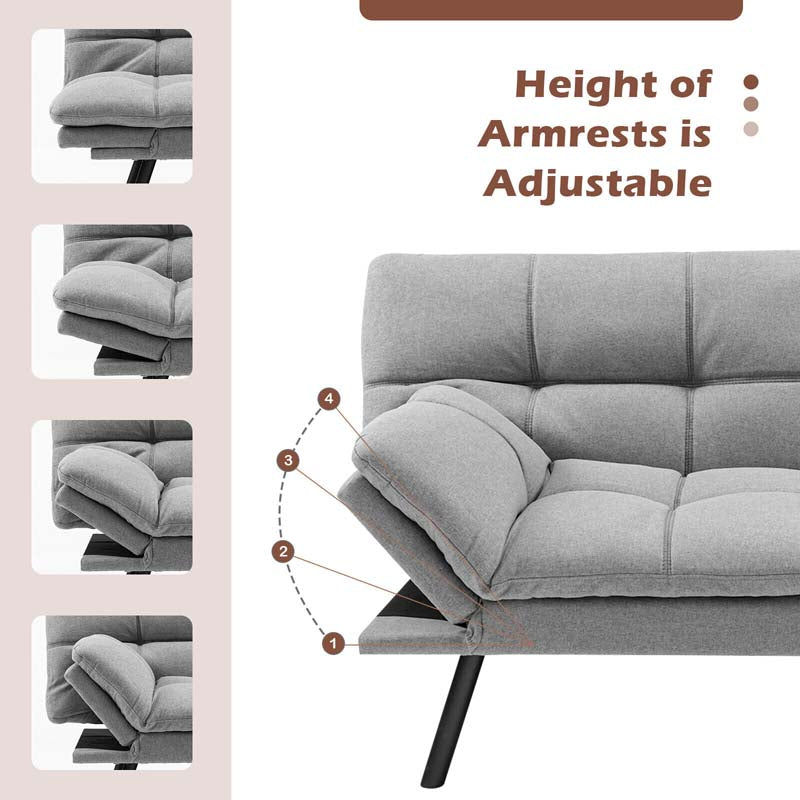 Modern Futon Sofa Bed, Linen Fabric Memory Foam Convertible Futon Couch with Adjustable Backrest & Armrests, Metal Legs